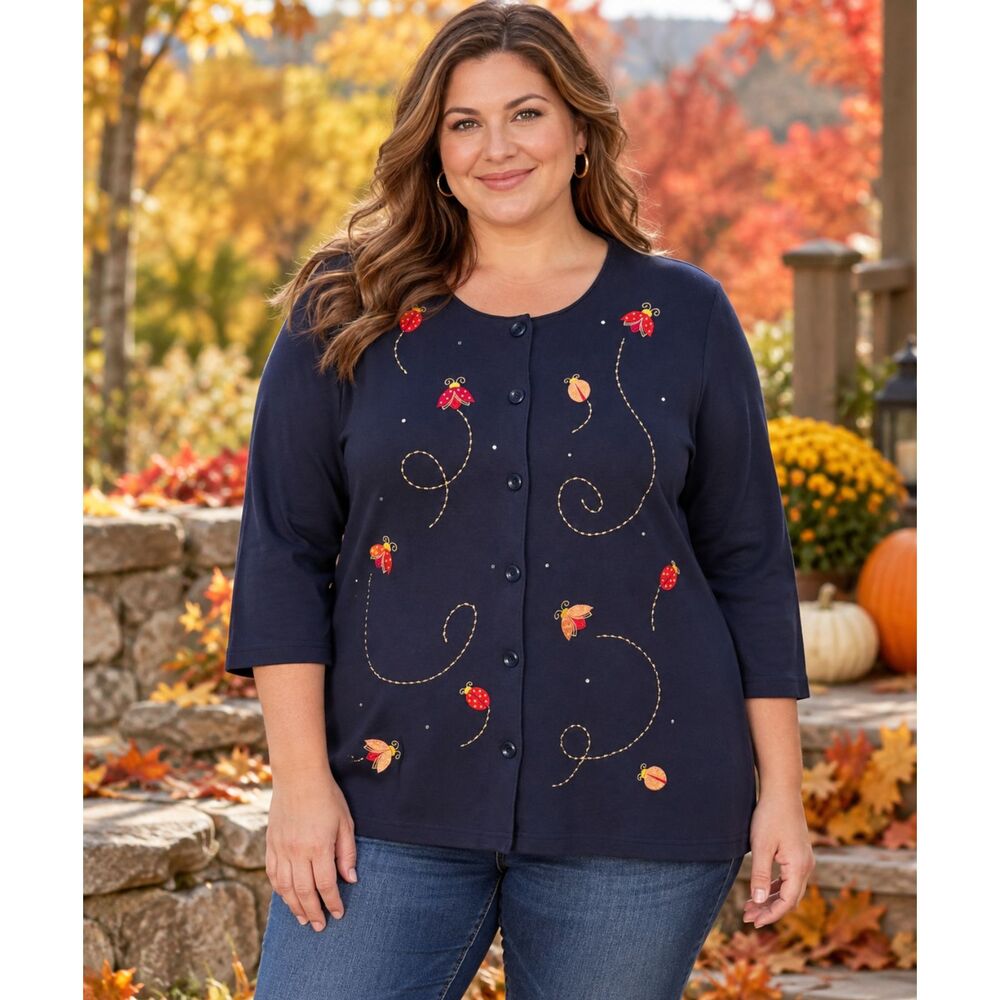 Breckenridge Woman 2X Navy Blue Ladybug Embroidered 3/4 Sleeve Cardigan Top #26